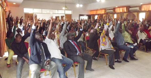 Vote à main levée durant l’assemblée générale des agents des l'intersyndicale financière du 12 novembre 2014 à Libreville. © Gabonreview