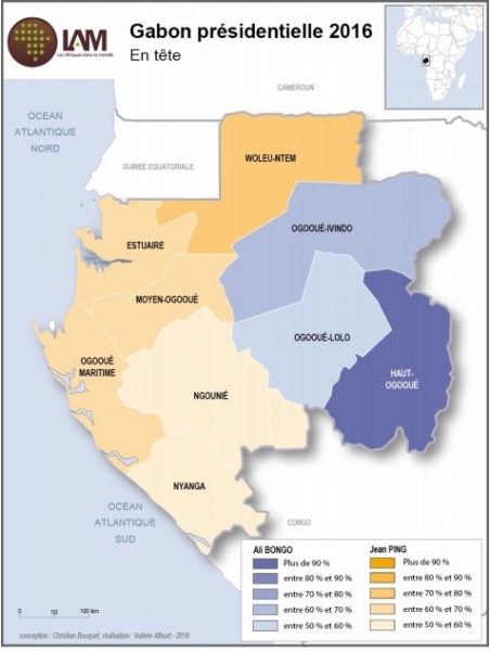 Résultats des élections présidentielles au Gabon de 2016. Données de la CENAP (Commission électorale nationale autonome et permanente) contestées par l'opposition. Réalisation par Christian Bouquet et Valérie Alfaurt.