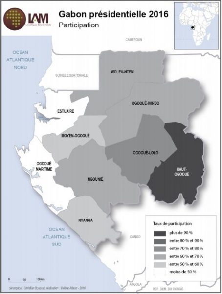 Résultats des élections présidentielles au Gabon de 2016. Données de la CENAP (Commission électorale nationale autonome et permanente) contestées par l'opposition. Réalisation par Christian Bouquet et Valérie Alfaurt.