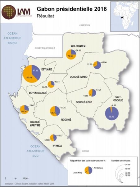 Résultats des élections présidentielles au Gabon de 2016. Données de la CENAP (Commission électorale nationale autonome et permanente) contestées par l'opposition. Réalisation par Christian Bouquet et Valérie Alfaurt.