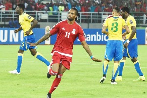Javier Balboa, l'attaquant de la Guinée Equatoriale, après son but face au Gabon, le 25 janvier 2015. © AFP/Carl de Souza