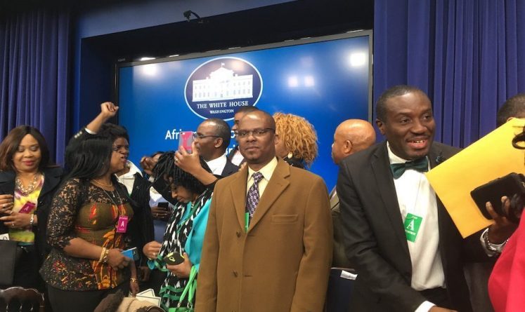 Le Dr. Daniel Mengara, Leader du mouvement Bongo Doit Partir-Modwoam dans la salle des conférences de l'Eisenhower Executive Office Building à la Maison Blanche lors de la rencontre entre les responsables de la Maison Blanche et les leaders de la diaspora africaine aux Etats-Unis à Washington ce 22 février 2016