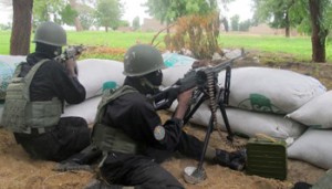 Des policiers camerounais en faction, dans la localité d'Amchide (nord), le 17 juin 2014. © AFP