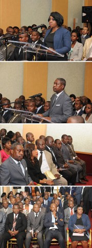 De haut en bas : le discours de Sylvaine Eyang Ella, représentante de la presse privée ; le discours de Hasse Nziengui, représentant de la presse publique et deux vues des journalistes. © DCP-Gabon